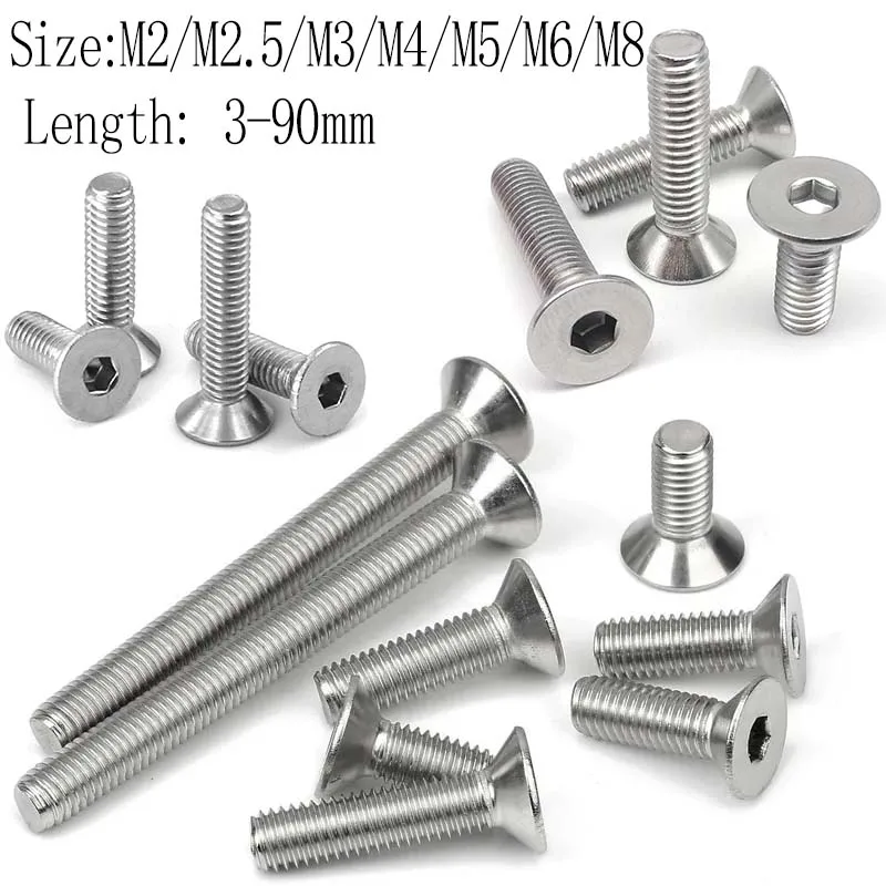 10/50Pcs M2 M2.5 M3 M4 M5 M6 M8 304 A2 Stainlesss Steel DIN7991 Hexagon Hex Socket Head Flat Countersunk Allen Bolt Screw