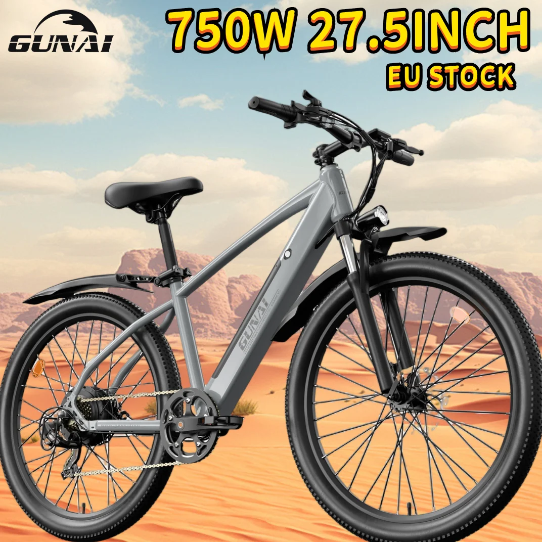 GUNAI 750W Electric Bicycle Motor, 27.5Inch Off-road Tire Adult Mountain Electric Bike with 48V 10Ah Battery, Mudguard, EU Stock