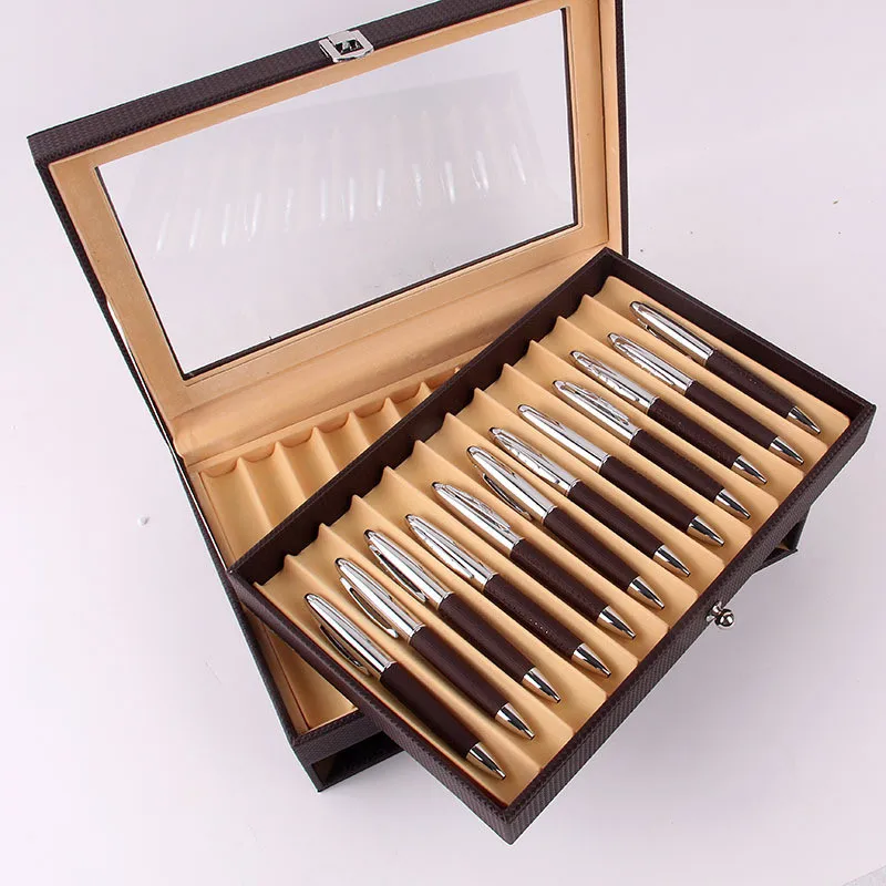 16Pcs 12Slots Pen PU Leather Storage Display Stand Box Pencil Collector Organizer Case Transparent Window Holder Gift