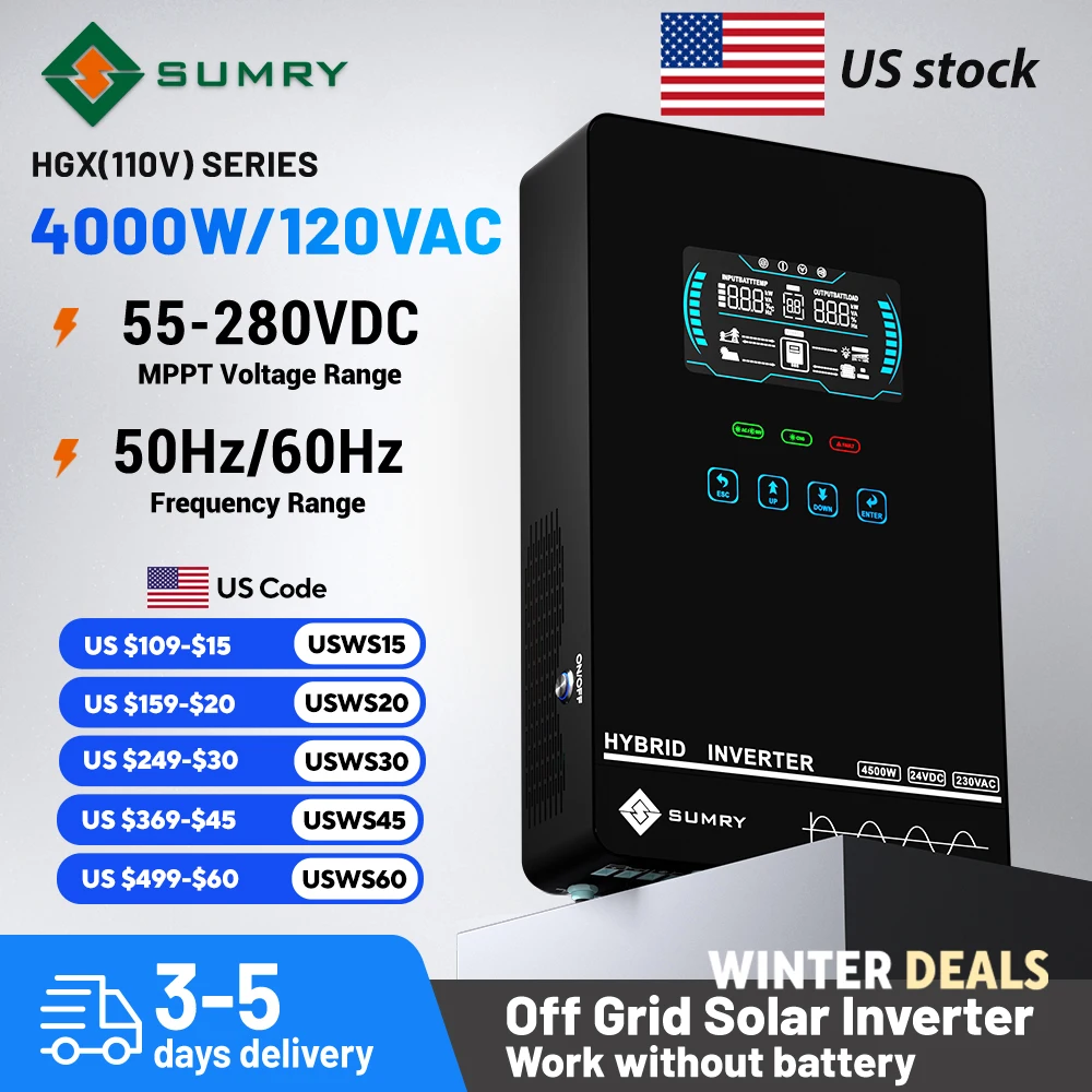 Sumry 4KW 120V Off Grid Solar Inverter 24V 140A 5600W MPPT Charger Pure Sine Wave Home Inverter 6.25 Inch LCD Display