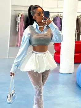 Leosoxs Revers Einreiher Weste Shirt Frauen 2024 Trend Gestrickte 2-teiliges Set Passende Wilde Hipster Streetwear Sommer Tops