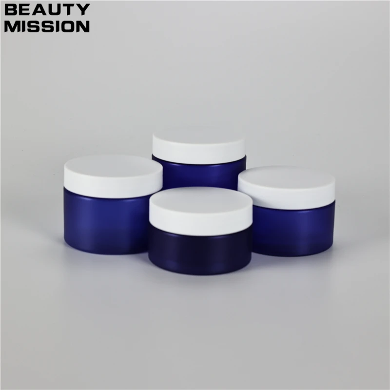 

100g-200g x 20 Empty Cosmetic Frosted Blue Plastic Jars With Frosted White Screw Lid Makeup Facial Cream Pot Suncreen Containers