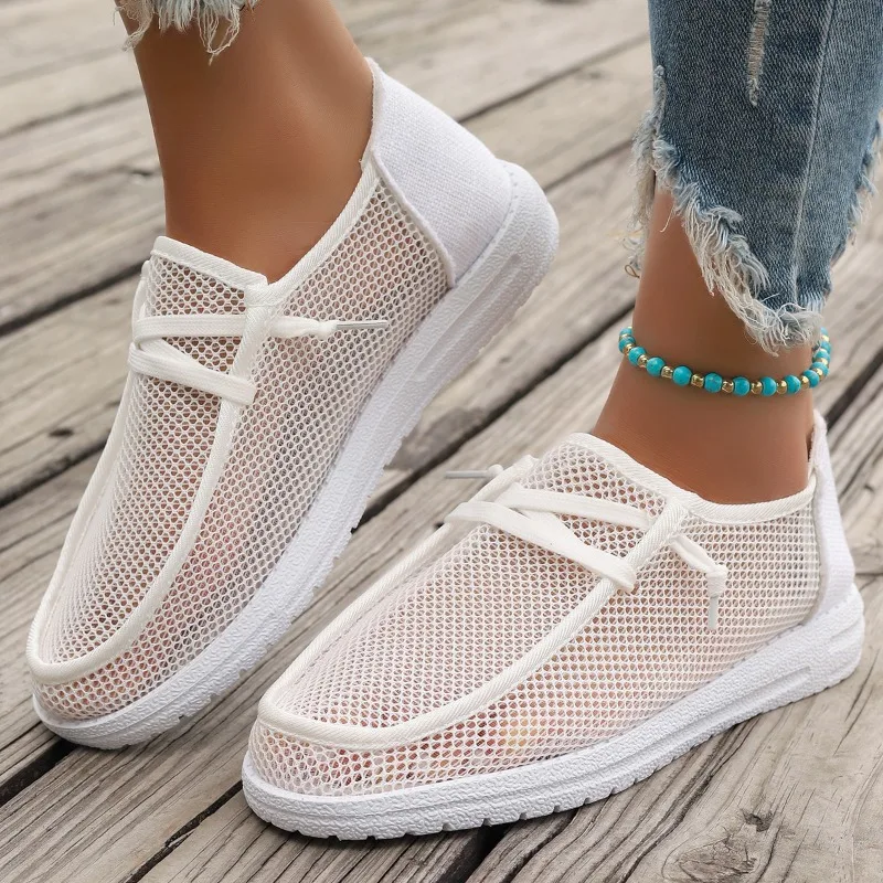 Low Heel Lace Up Hollow Out Round Head Women\'s Flats Shoes for Women 2024 Hot Sale Summer Breathable Neutral Leisure Shoes Women