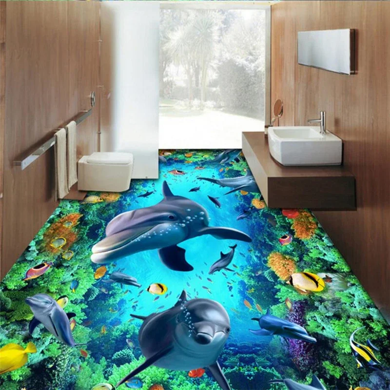 beibehang World Dolphins floor 3D wall paper painting bathroom mural self-adhesive PVC photo wallpaper wall-paper flooring