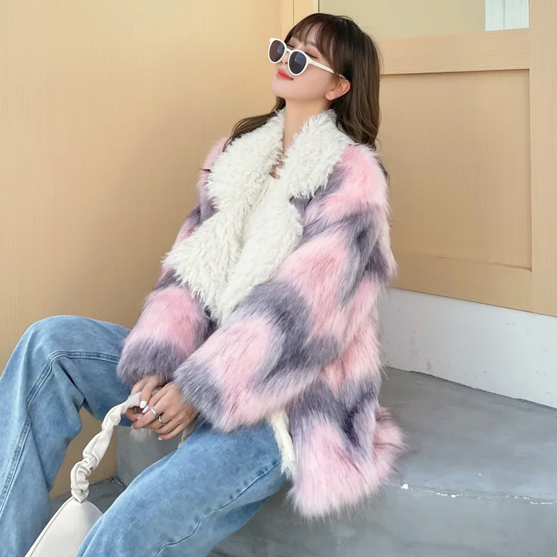 

2023 winter new Fur imitation fox fur medium length lapel pink gray floral fur patchwork lamb fur jacket