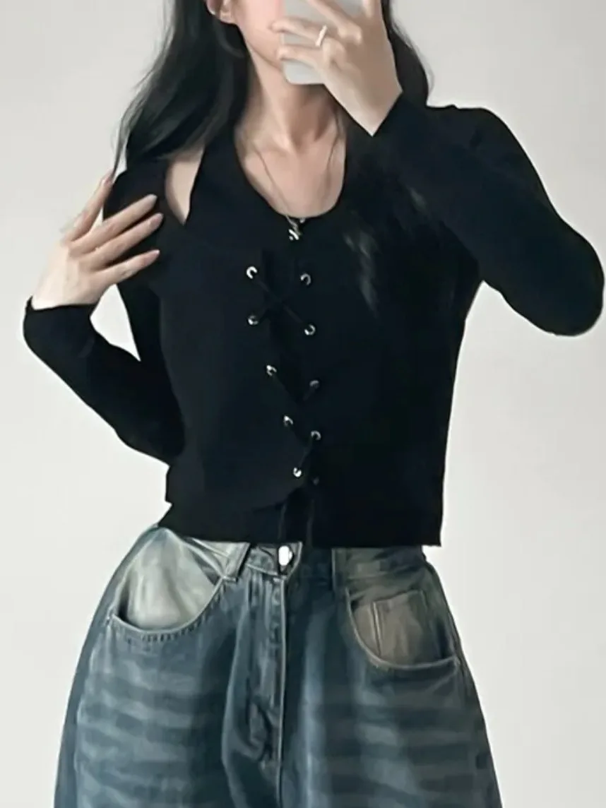 

Корейский вязаный топ с открытыми плечами, женский модный базовый слой с завязками, двухсекционный вид, осенний новый дизайн