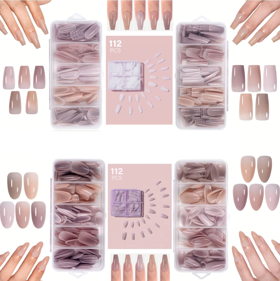 

112 шт./140 шт. 1 коробка, 5 цветов, короткие типсы для ногтей в форме гроба/миндаля/овал/квадрата, 14 разных размеров акриловых типсов, полный набор накладных ногтей