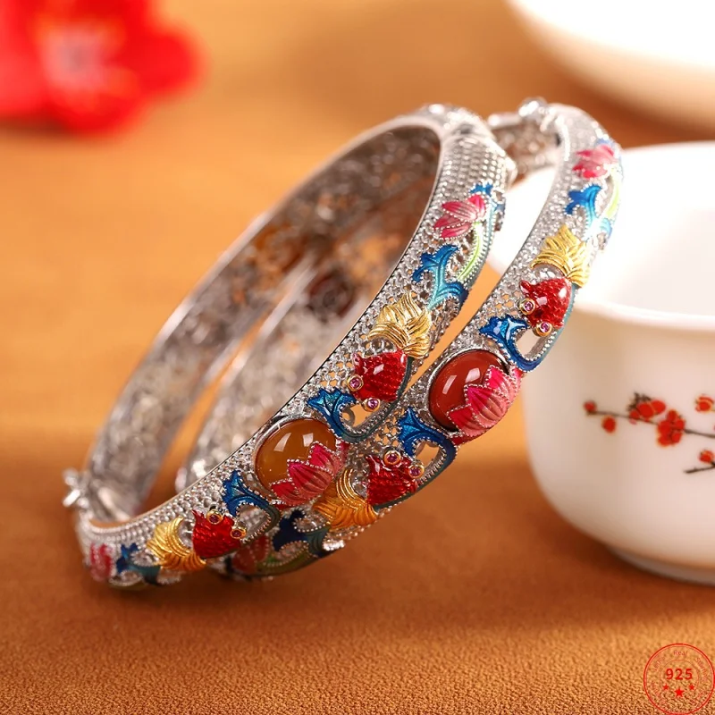 S925 Sterling Silver Bracelets for Women New Fashion Palace Style Hollow Goldfish Mellite Red Agate Enamel Bangle Wholesale