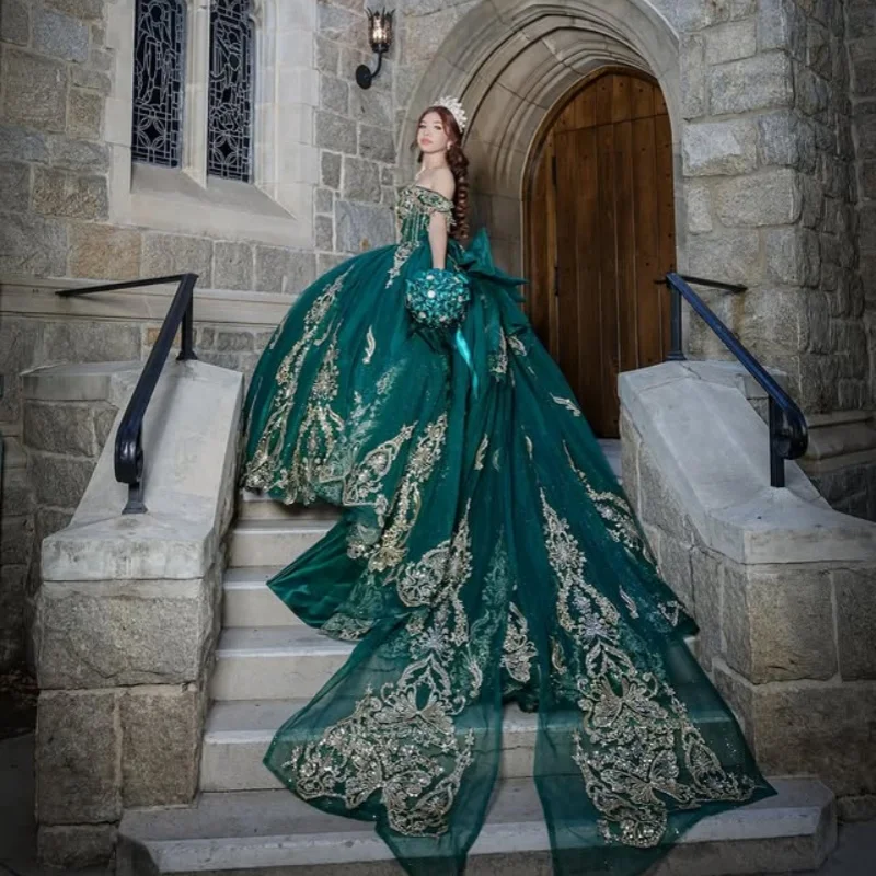 

Customized dark green Quinceanera Dresses Off the Shoulder sequin decal crystal Lace Big Bow Long tail Vestido 15 Quinceanera