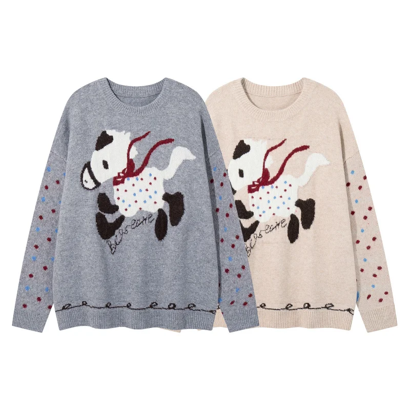 MAQVOB 고품질 EU US 사이즈 귀여운 자카드 크루넥 스웨터 유니섹스 가을 겨울 루즈핏 다용도 니트웨어