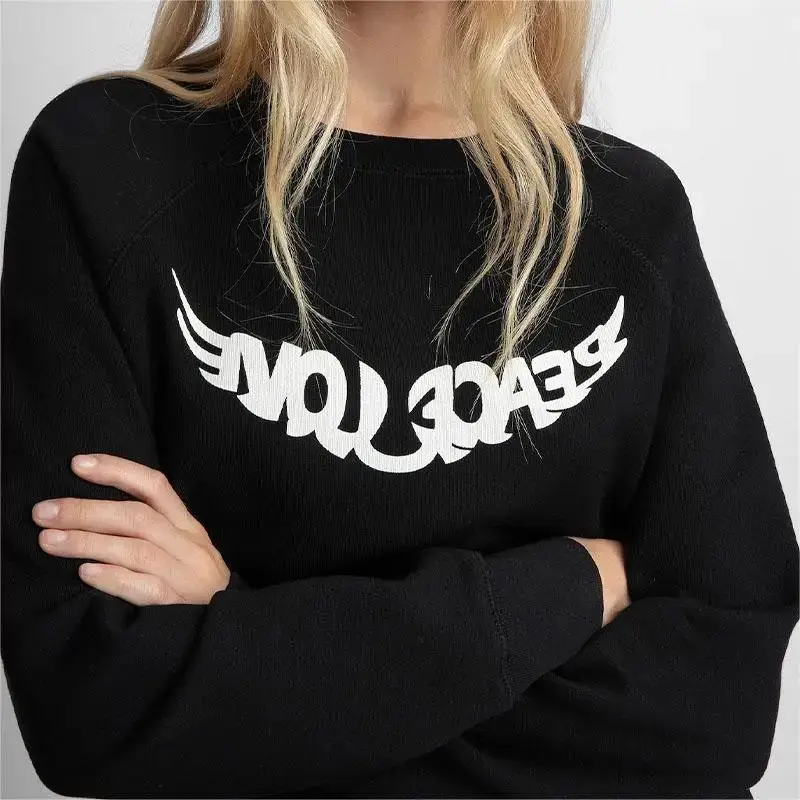 Zadig Bluza damska Casual Black Chic Peace Love Wings Print Pullover Tops Kobiece bawełniane klasyczne bluzy z długim rękawem