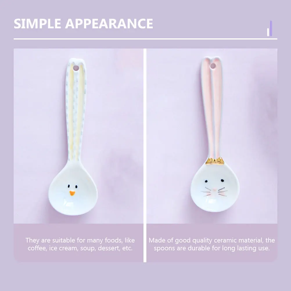 

2Pcs Ceramic Soup Spoons Practical Comfortable Handle Smooth Surface Stirring Coffee Dessert Ceramic Spoon