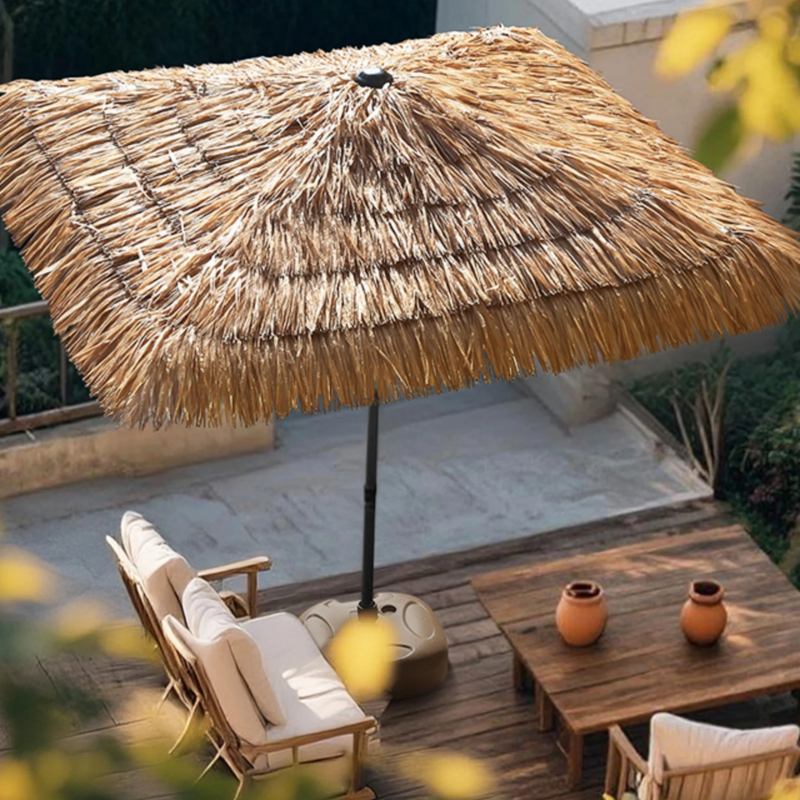 Square Thatched Patio Umbrella Hawaiian Style Patio Umbrella with Thatched Canopy Tropical Rustic for Garden, Backyard