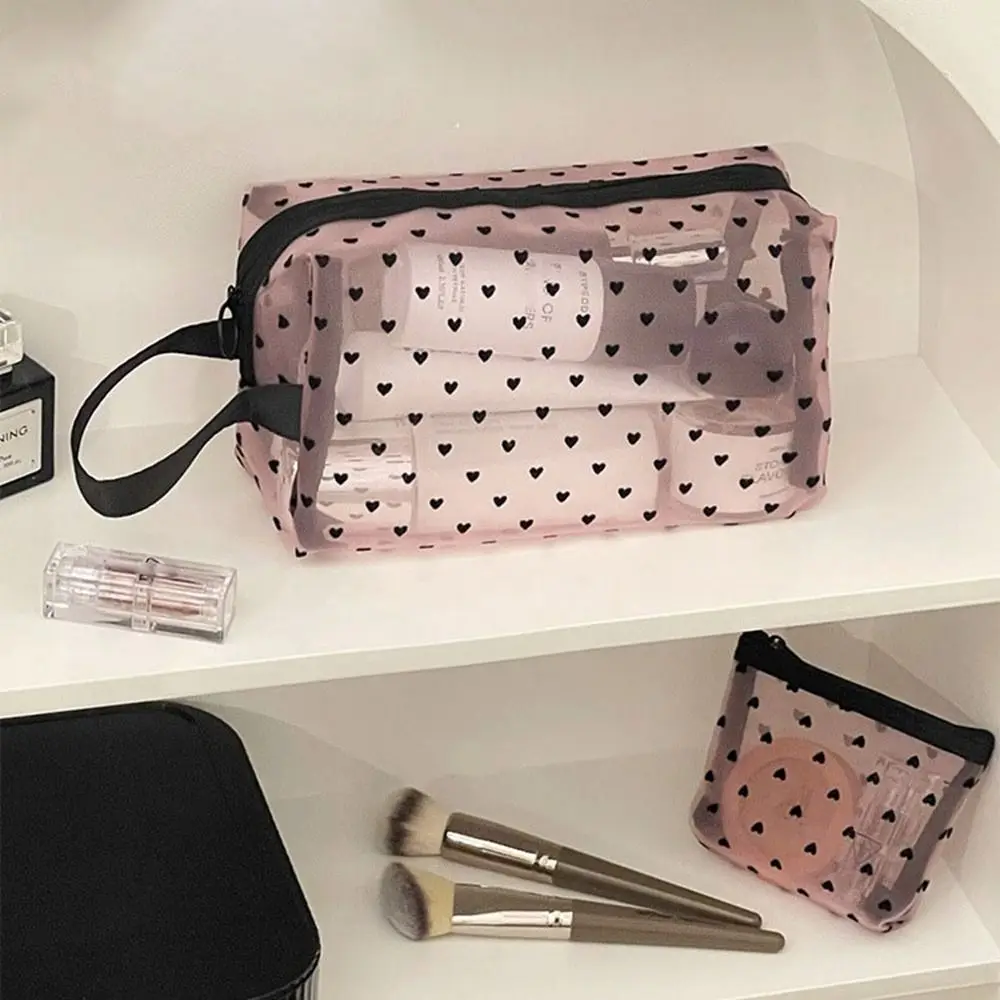 Heart Transparent Mesh Makeup Bag Black/Pink Portable Women Cosmetic Storage Pouch Multifunction Ladies Toiletry Storage Bag