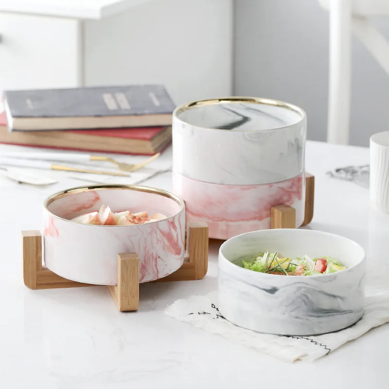 Nordic Marble Ceramic Bowl with Bamboo Rack Holder, Stackable Large Salad Fruit Dessert Bowl, Cat and Pets Dinnerware, 850ml