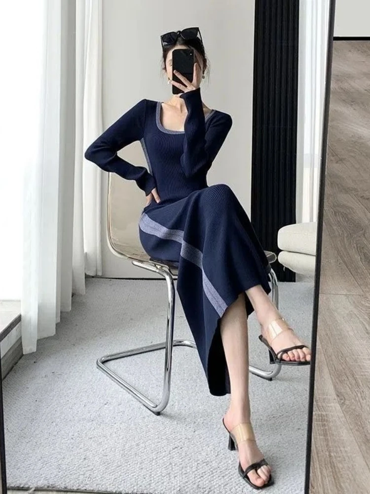 Sukienka maxi z dzianiny z dekoltem w kształcie litery U, patchworkowa, tunika damska, sukienka vintage, obcisła sukienka koreańska, Vestidos De Mujer 2025