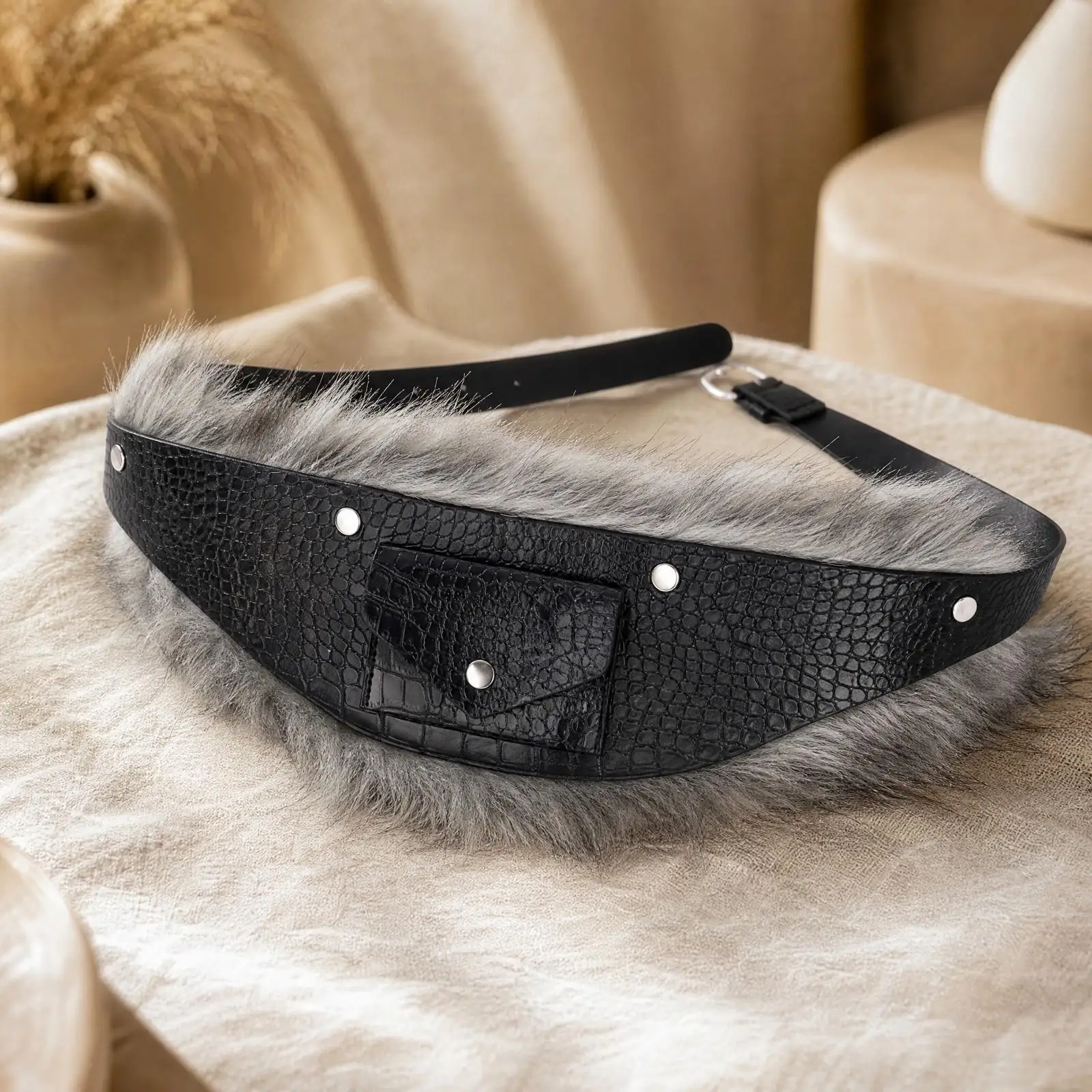 faux-leather-furry-waist-belt-for-women-designer-inspired-crocodile-textured-strap-with-buckle-pocket-for-casual-dress