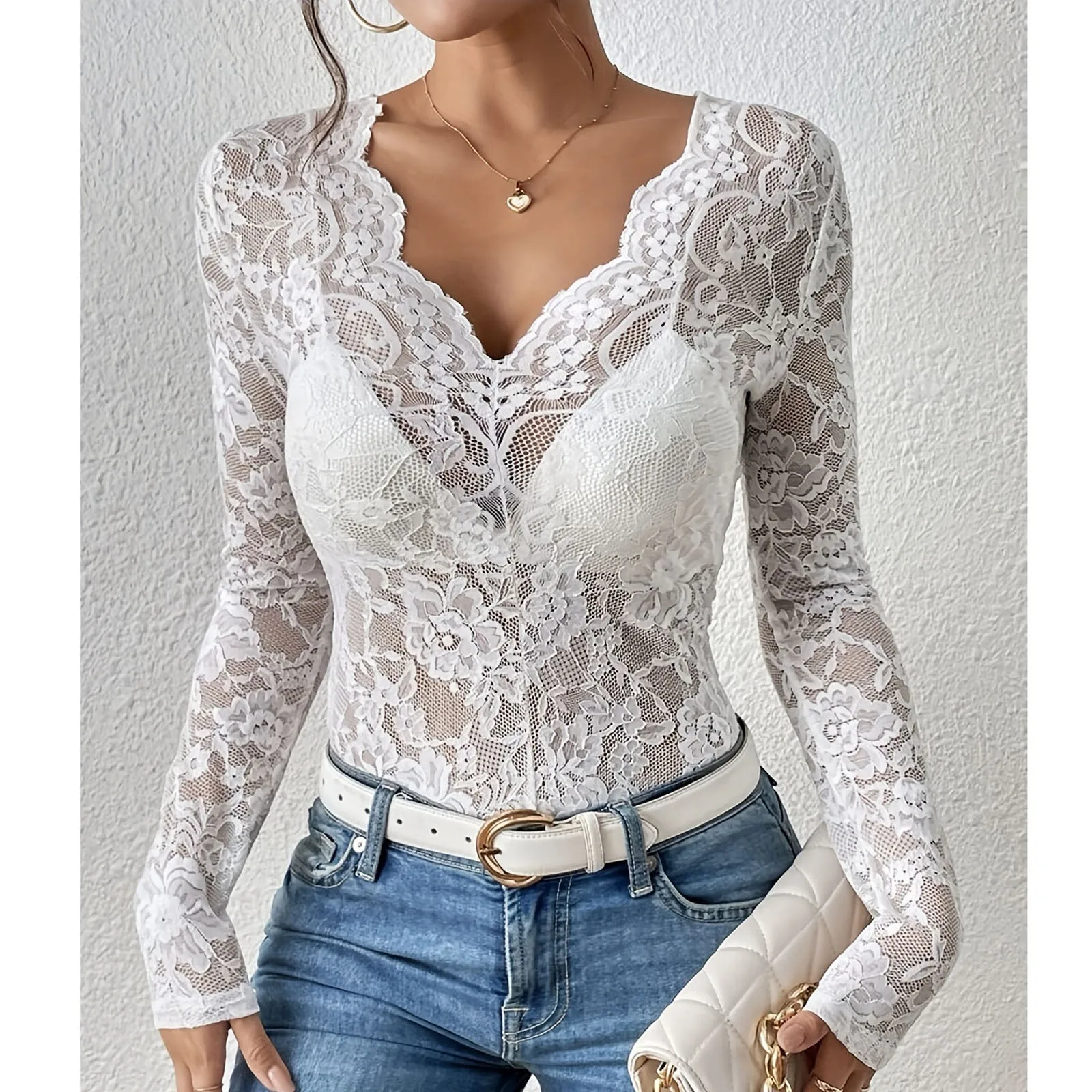 Haut en dentelle pour femme, couleur unie, dentelle florale, Base de décoration en forme d'éventail, petit haut à manches longues, col en V