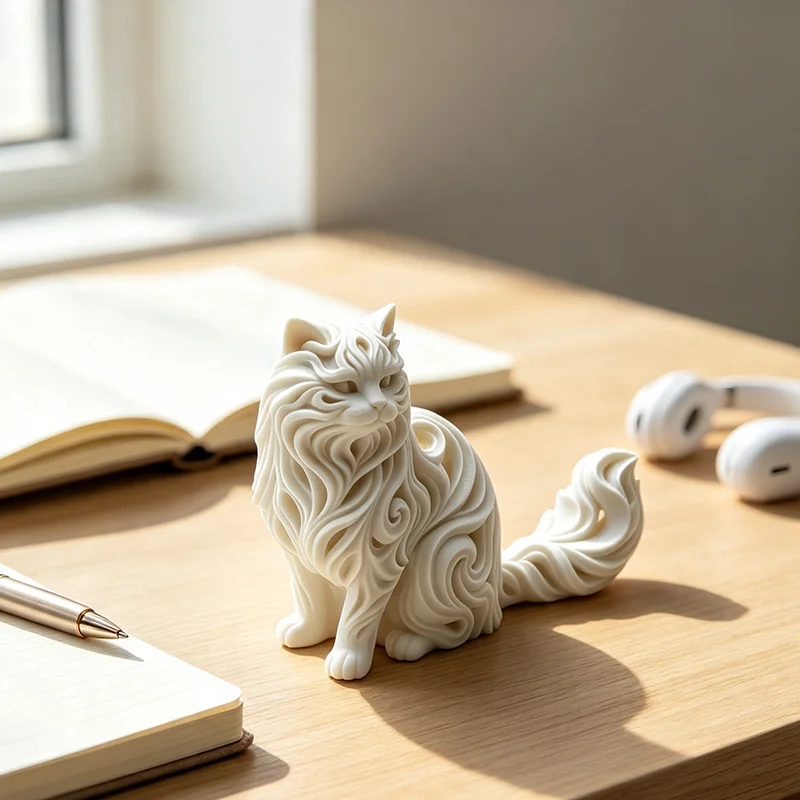 Abstract Swirl Texture 3D Printed Persian Cat Statue Elegant Long-haired Fluffy Cat Figurine Ornament Artistic Animal Sculpture