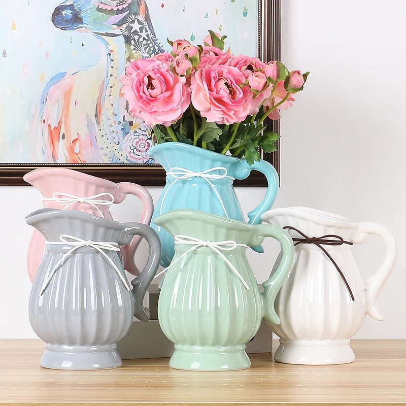 Nordic Ceramic Vase White Blue Green Pink Gray with Handle Milk Jug Large Flower Arrangement  Pot Home Decoration