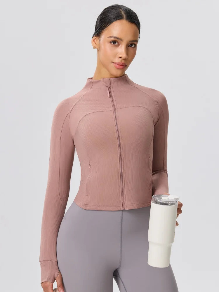Slimming New Stand Up Collar Nude Jacket Sports Top Slim Fit Running Casual Ribbing Yoga Zipper Tight Fit Fitness Long Sleeved