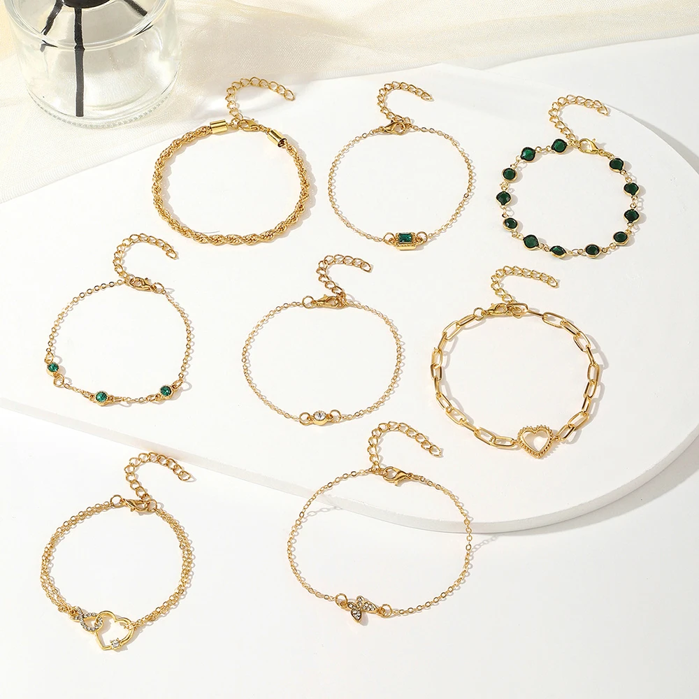 New 8 PCS Green Rhinestone Bracelet Set for Women Butterfly Love Simple Everything Bangle Party Jewelry Gift Wholesale