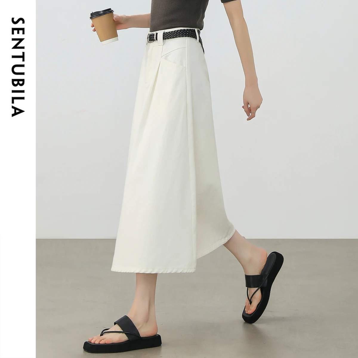 SENTUBILA 100%cotton Skirts Women 2025 Fashion A-line Vintage Denim High Waist Pockets Streetwear Long Skirt Lady W52Q59282