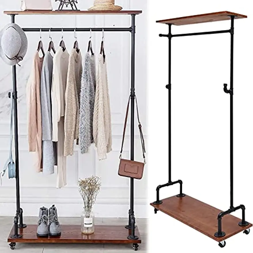 Clothes Rack Metal Clothes Rail Heavy Duty Clothes Rail W/ Wheel Rack for Coats For Home Clothing Store Clothes Rack&Wood Shelf