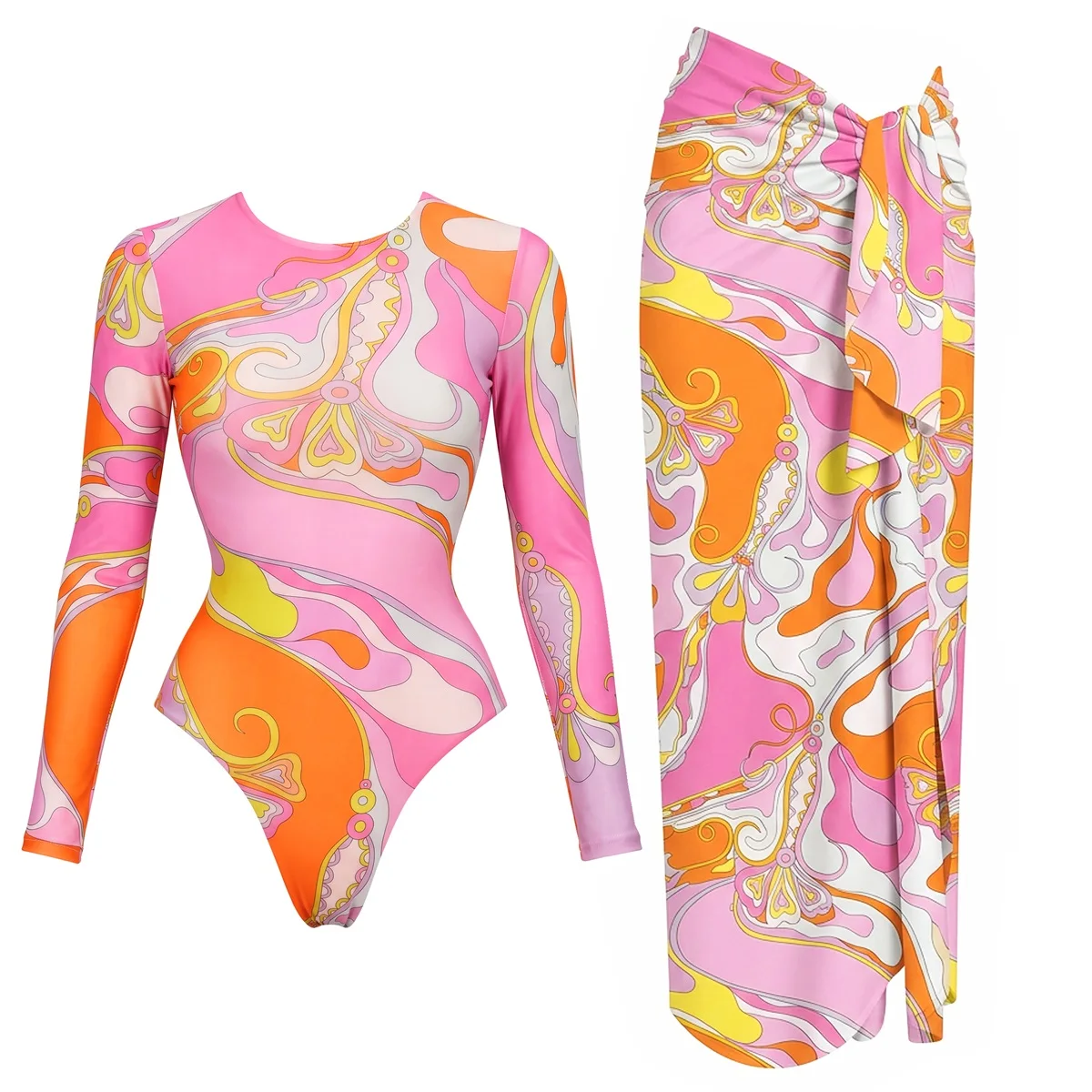 Retro Print 2Pcs Women Sexy Swimsuit Female Push Up Swimwear Long Sleeve Swim Suit Female  Bandeau Biquini Beachwear Bathingsuit