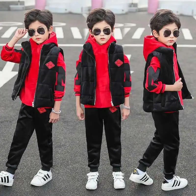 New Kids Boys Fleece-Lined Thickened Suit Three-Piece Set Trendy Autumn/Winter Outfit For Mid to Large Children