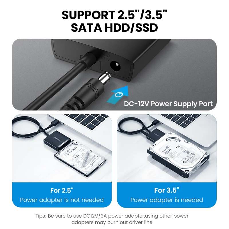 UGREEN SATA to USB 어댑터 USB 3.0 2.0 to Sata 3 케이블 컨버터, 2.5 3.5 HDD SSD 하드 디스크 드라이브용 Cabo