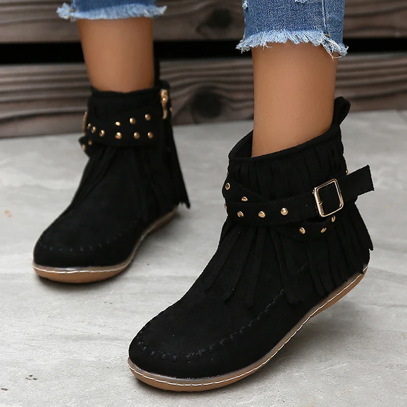 Bohemian Style Tassels Ankle Boots Women Retro Faux Suede Buckle Strap Short Boots Woman Plus Size 43 Flat Heels Western Botas