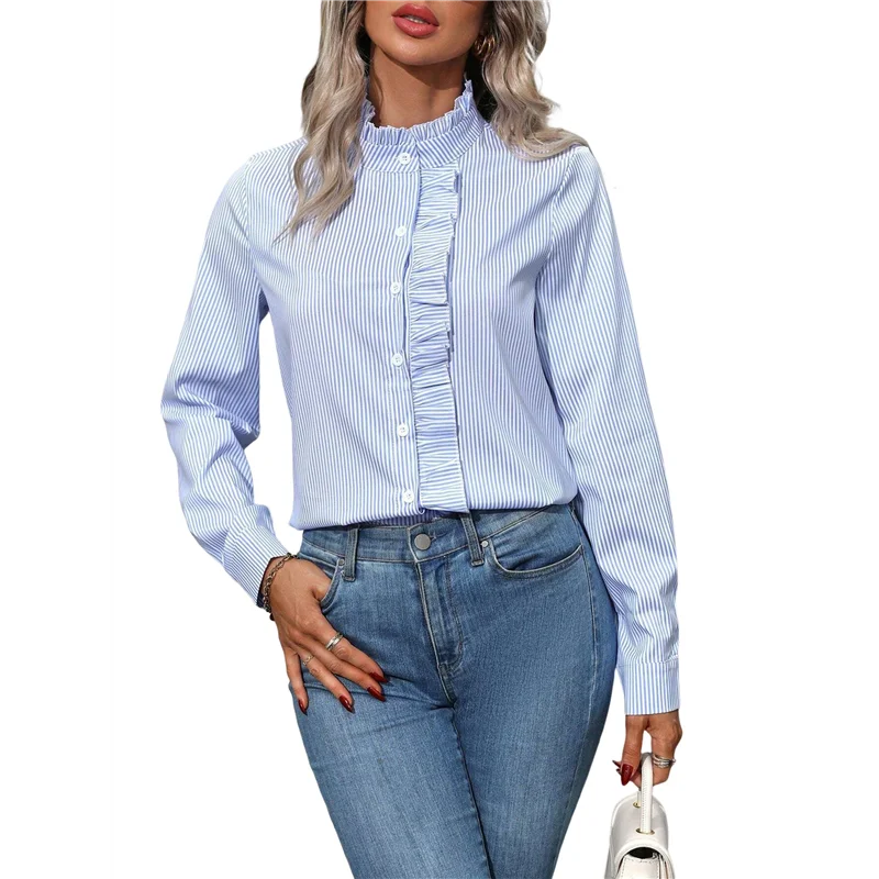 

CYL-Women's Striped Button Front Shirts Mock Neck Long Sleeve Office Blouse Tops