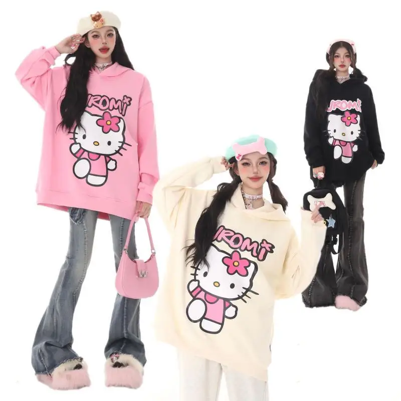 Original Hellokitty Hooded Sweater Anime Printing Female Autumn Winter Plush Sweet Cool Style Student Fashion Sweatshirt Tops