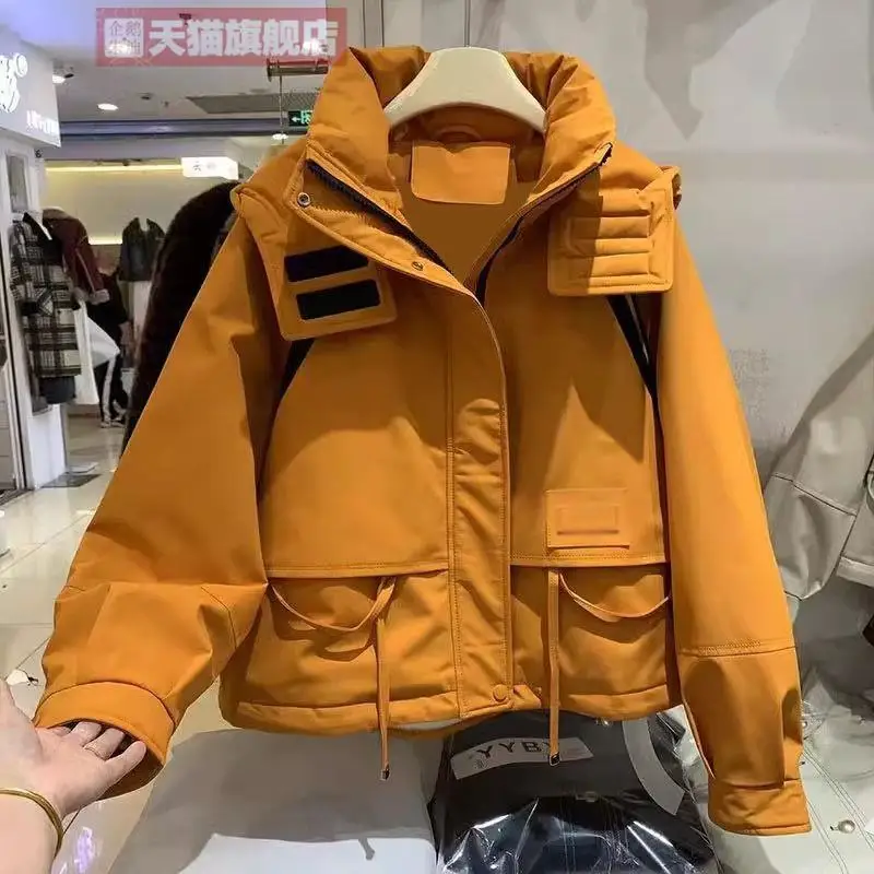 

Women Winter New Loose Oceans Colorful Trendy Sweet Zipper Pocket Hooded Casual Warm Cotton Clothes Loose Simple Short Oceans