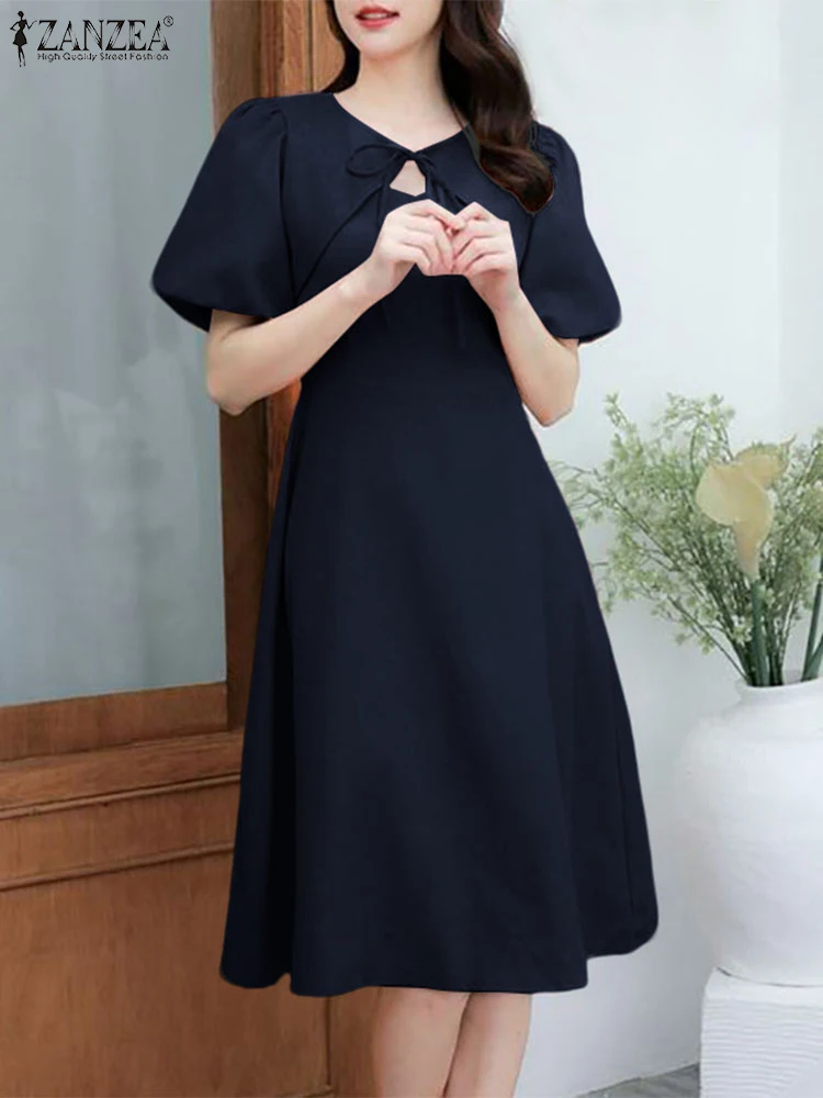 2025 frauen Sommer Sommerkleid ZANZEA Elegante O Hals Kurzarm OL Arbeit Kleid Solide EINE Linie Midi Vestidos Robe Stilvolle Party kleid