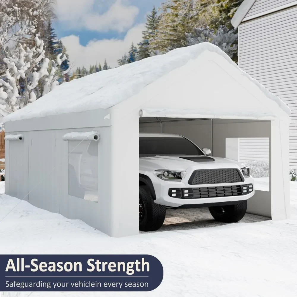 12x20 FT Heavy Duty Carport with Roll-up Windows,Portable Garage with Removable Sidewalls & Doors, Car Canopy with Enhanced Base