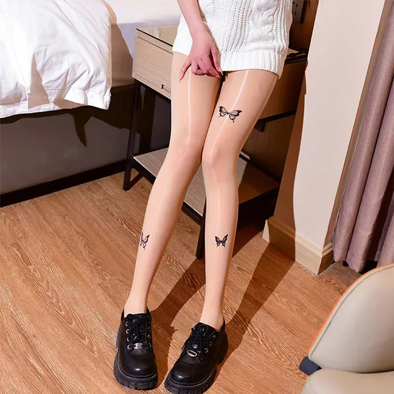 Oily Black Butterfly Print Pattern White Stockings Summer Thin Horse Oil Socks