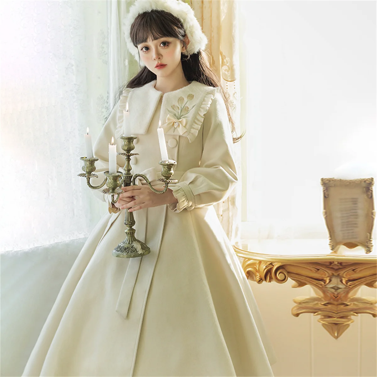 French Vintage Elegant Coat Cosplay Lolita Girl Winter Warm Embroidery Tulips Lantern Sleeve  Ribbon Bowknot Ruffle Women Coat