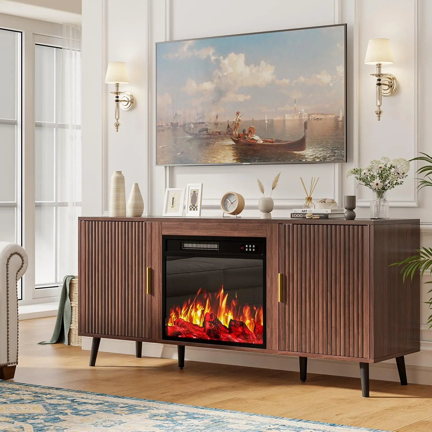 

Тумба под телевизор 58 дюймов с камином 23 дюйма, для телевизоров до 65 дюймов, современный рифленый медиацентр с шкафом для хранения и