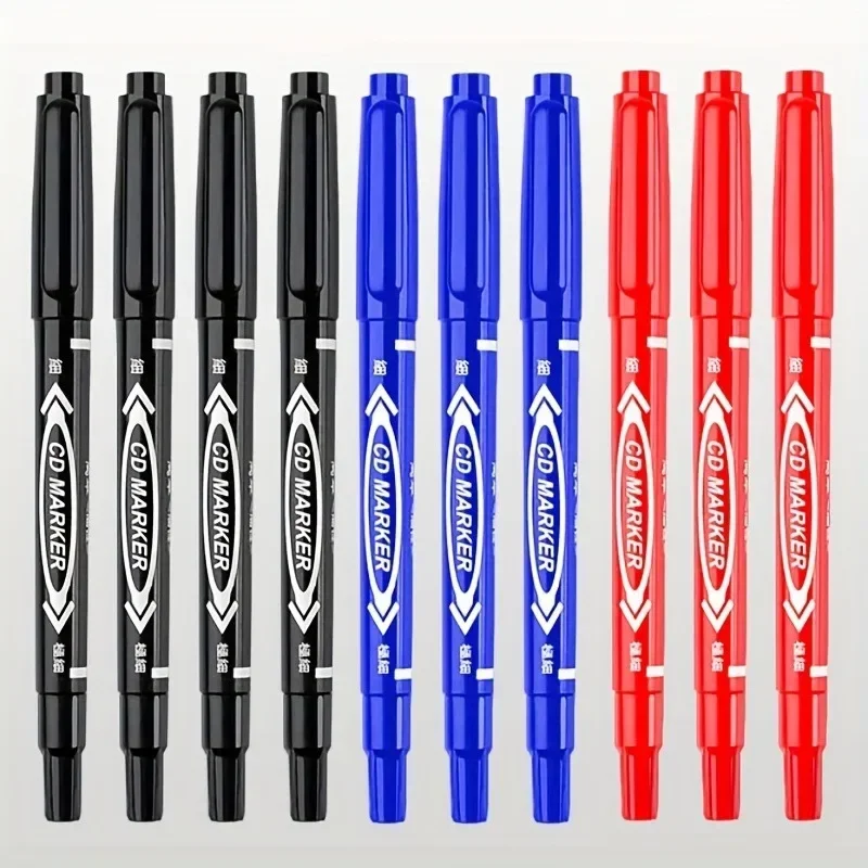 10Pcs Twin Tip Permanent Marker Black/Blue/Red Oil Marker Pen Fine Nid Marker Ink Drawing Stationery School Office Supplies