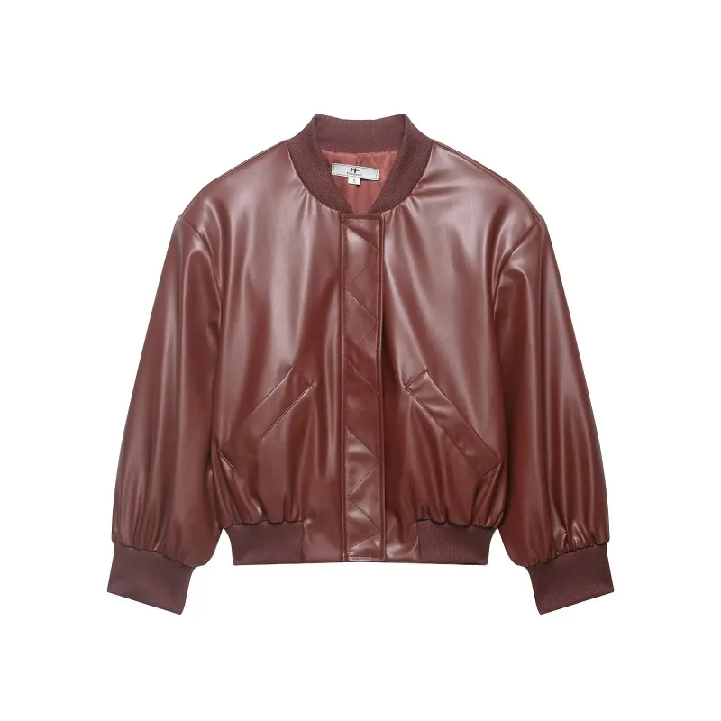 

ZHIO Women Fashion With Pockets PU Brown Front Zipper Bomber Jackets Vintage O-Neck Long Sleeves Female Chic Lady Outfits