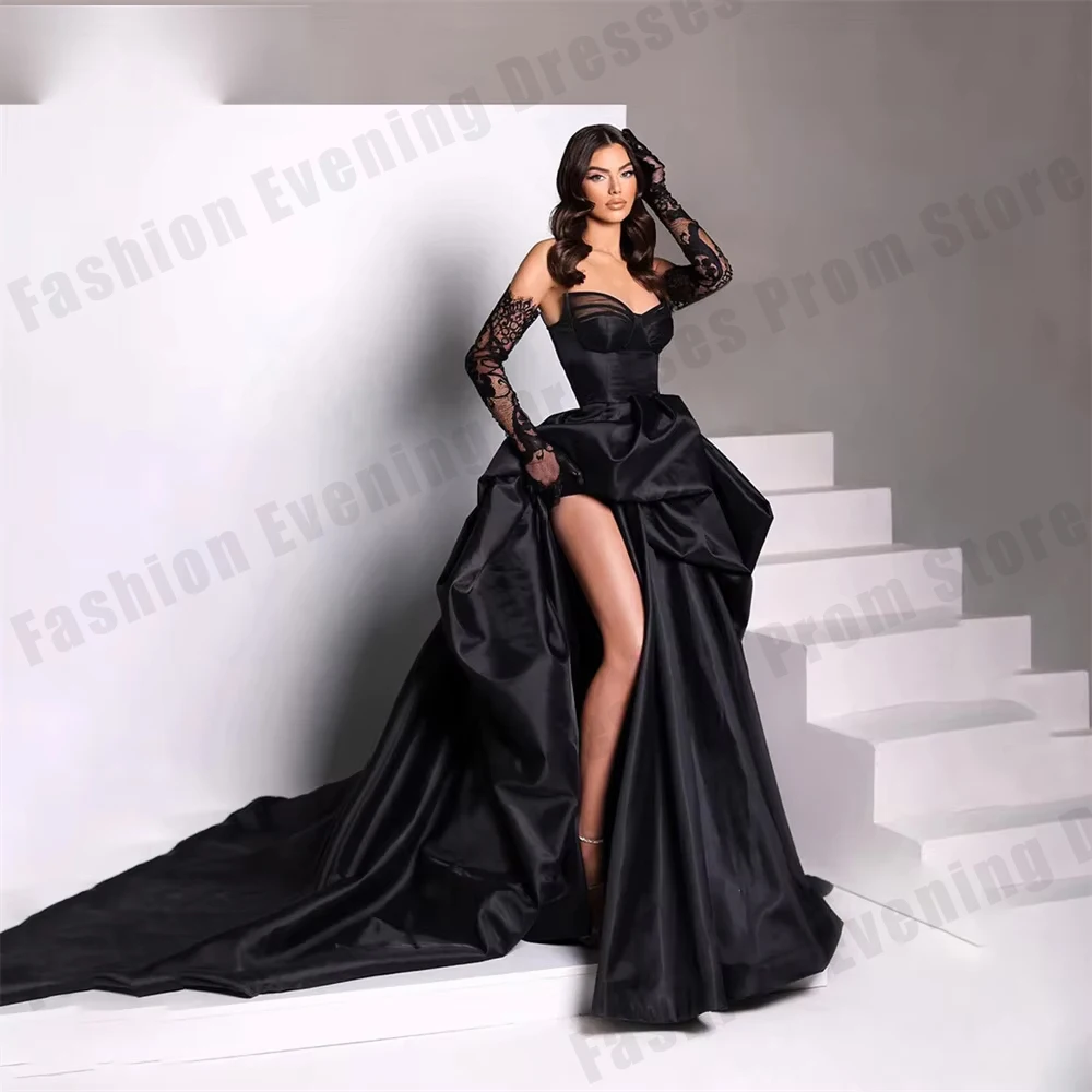 

Black Women's Prom Gown Sexy Off Shoulder Sleeveless Satin Princess Evening Dresses Sexy Side Split Formal Party Customized Robe