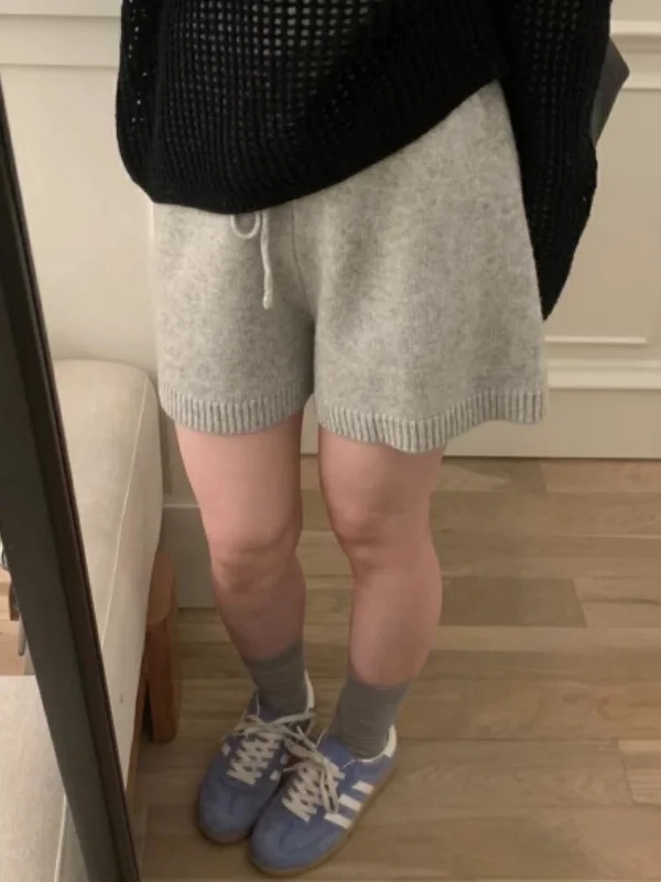 Light Grey Knitted Woolen Shorts Women's A-Line Five-Quarter Length Casual Trousers High Waist Korean Style Commute Fashion