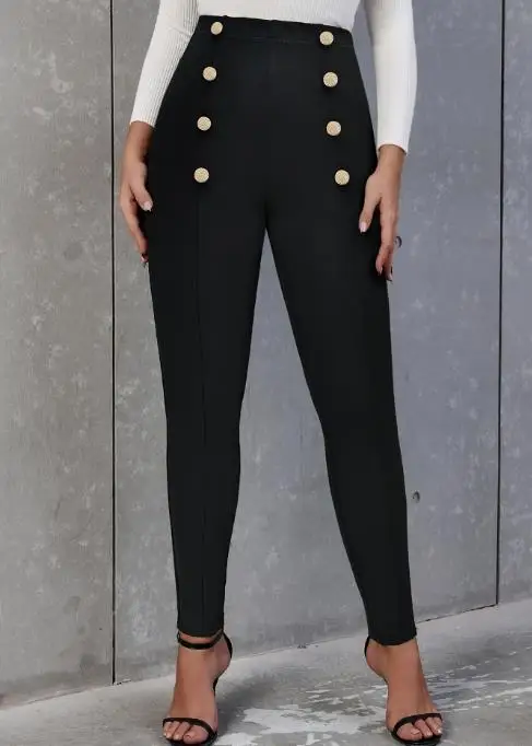 

2026 Elegant New Casual Sexy Commuting Versatile Elastic Waistband Double Breasted Tight Knit Pants for Women