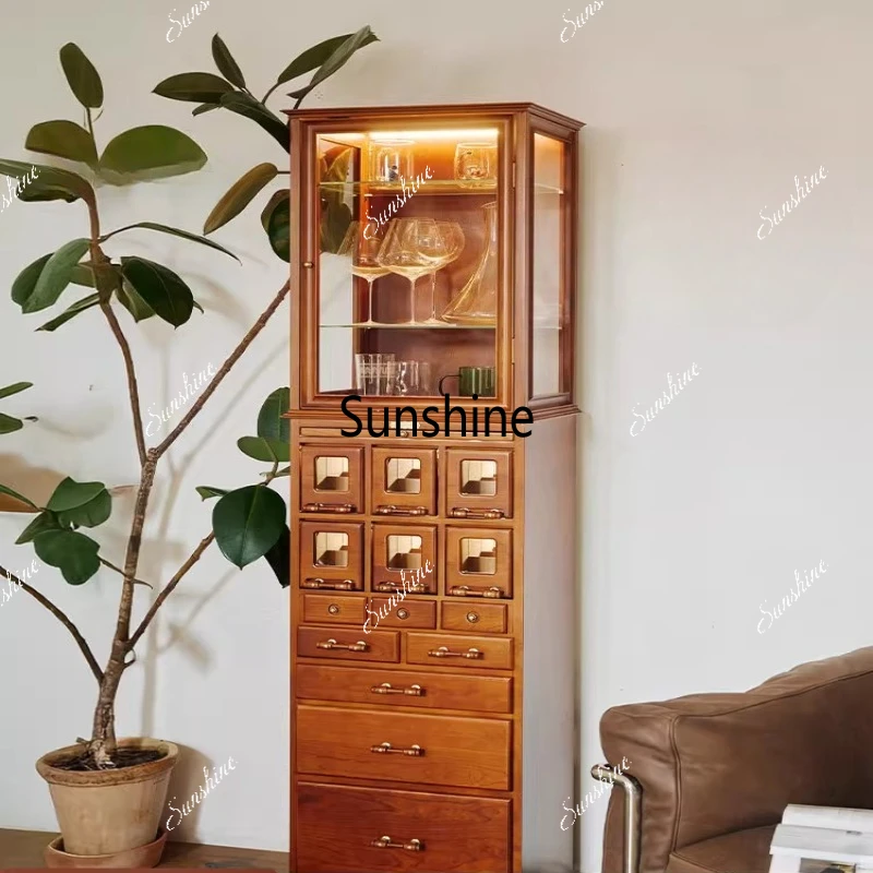 

Multi-drawer retro glass door display with light movable cultural and toy storage cabinet