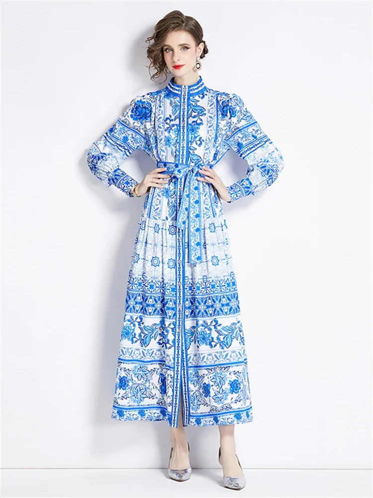 New Fashion Blue And White Porcelain Maxi Dress for Women 2024 Spring New Long Sleeve Lace-up Loose Long Robes Femme