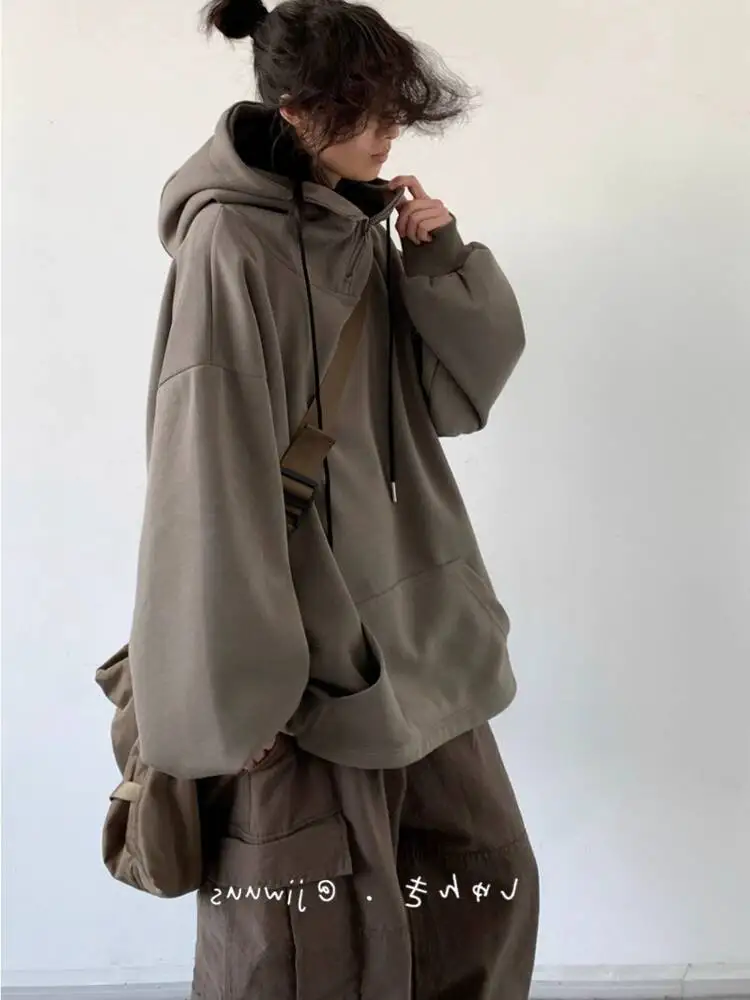 

Unisex Hoodies Spring Autumn Japanese Retro Sweatshirt Men Women's Half Zip Hooded Solid Color Lazy Style Loose Pullover Jacket