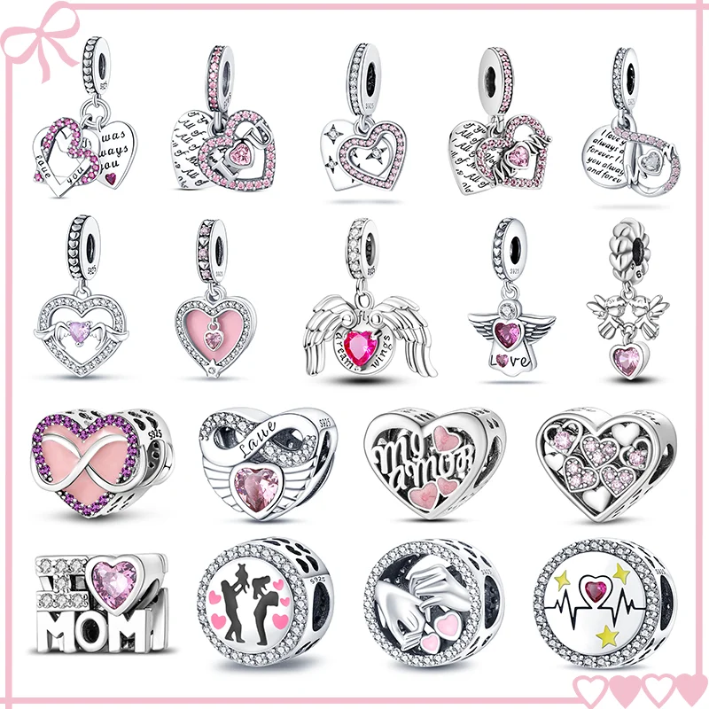 925 Sterling Silver Pink Collection Heart Shape Charm Beads for Brand 925 Original Bracelet DIY Jewelry Gift