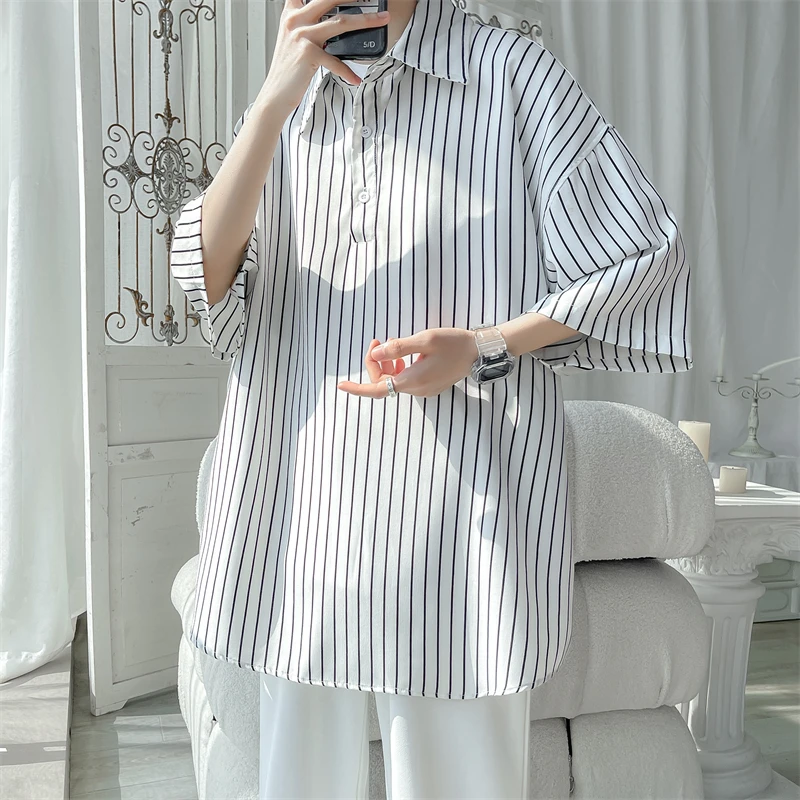 Summer Ice Silk Pullover Shirts For Men Plus Size 5XL-M Short Sleeve Loose Men's Striped Shirt Oversized Casual Blouses Homme